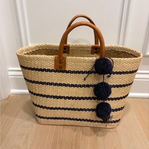 Mar y Sol Blue Striped Straw Tote Bag with Leather Handles